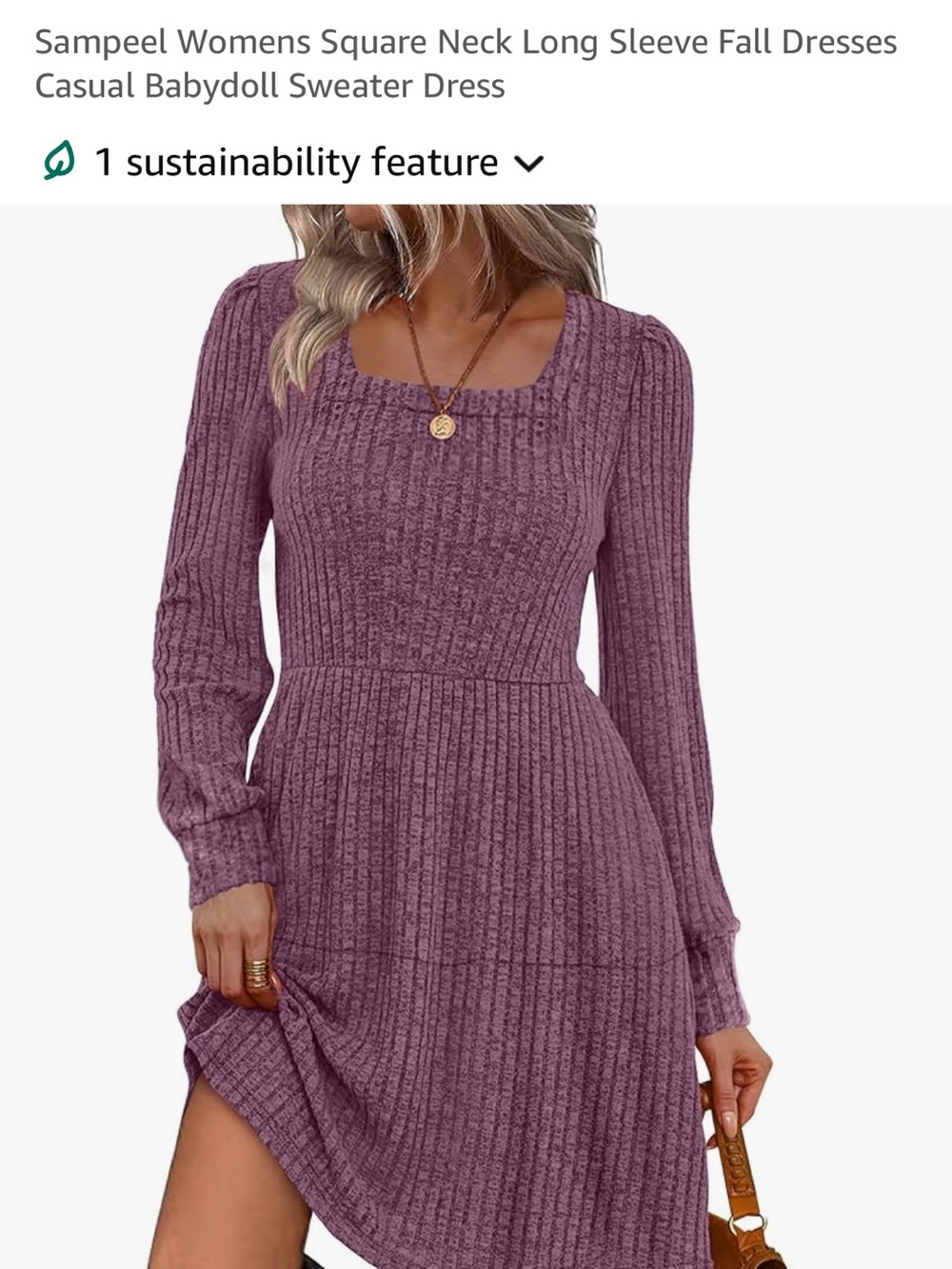 Square-Neck Ribbed Long Sleeve Babydoll Dress - Mauve